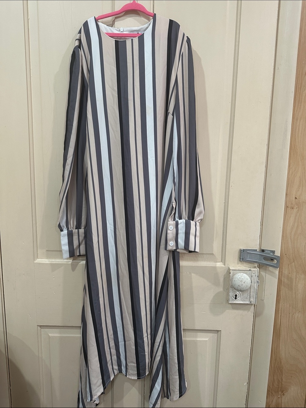 Striped Long Sleeve Maxi Dress in Beige and Black